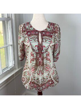 Nicole by Nicole Miller Sheer Chiffon Peasant Top Medium Boho Chic Fairy Paisley
